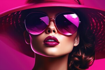 Elegant lady in wide brimmed hat with pink lips makeup on purple background. Young and beautiful...