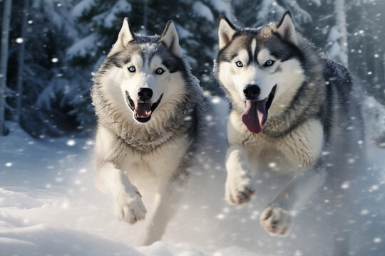 Two white siberian husky in the snow