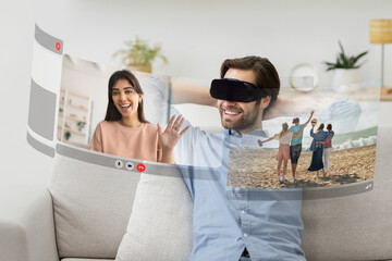 Young man wearing VR headset enters the virtual realm, connecting with girlfriend through video...