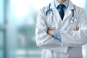 Close-up of doctor wearing a white coat and a stethoscope hangs from his neck. Copy space for text.