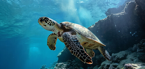 Majestic sea turtle gliding through the blue ocean among vibrant coral reefs.