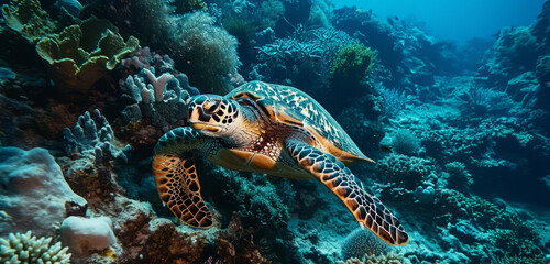 Obraz premium Majestic sea turtle gliding through the blue ocean among vibrant coral reefs.