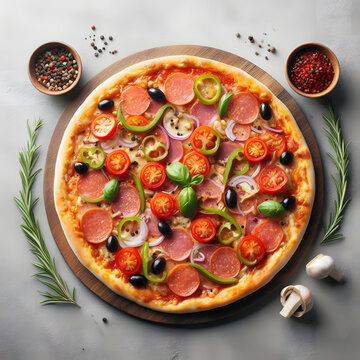 Pizza with salami, pepperoni, olives, and vegetables on a grey background, Italian cuisine, generative ai