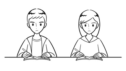 塾で真剣に勉強をする男子学生・女子学生（線画）