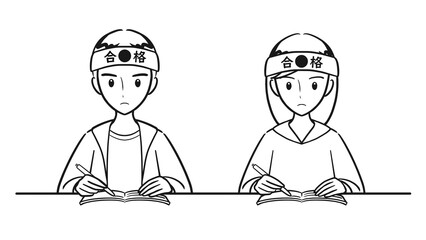 合格を目指して真剣に勉強をする受験生の男子女子（線画）