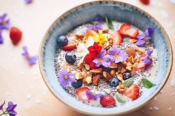 close angle of berry porridge with a sprinkle of granola on top