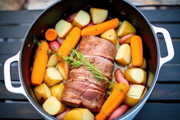pot roast in a dutch oven surrounded by carrots and potatoes