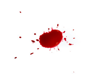 Blood drop splatter isolated on white paper background, close up