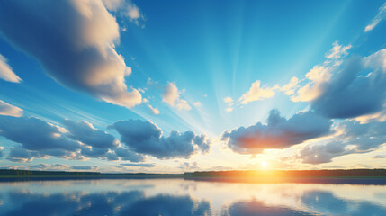 Naklejka na ściany i meble Beautiful blue summer sky with bright sun at sunset