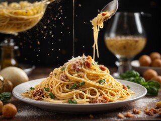 Spaghetti carbonara. Classic Italian pasta dish with silky cheese sauce with crisp pancetta black pepper