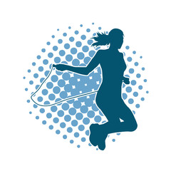 Silhouette of a slim sporty woman doing jump rope workout. - obrazy, fototapety, plakaty