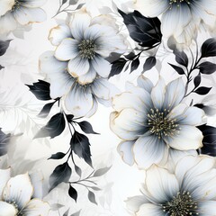 Seamless watercolor decorative white and black flowers pattern background