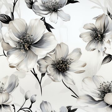 Seamless watercolor decorative white and black flowers pattern background