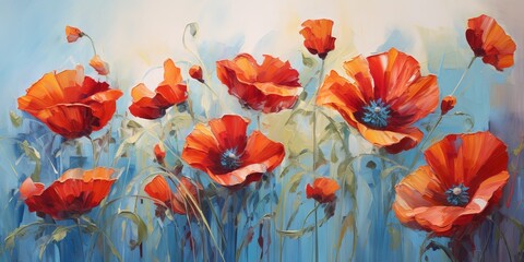 A bold oil painting of poppies in red and blue: a photo of a vibrant and expressive floral artwork