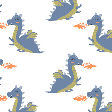 seamless pattern with cartoon fairy dragon. Vector illustration of dragon flame spewing, Can used for baby background, textile, wrapping. 