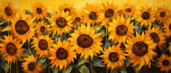 Sunflower field with vibrant yellow and green colors in an impressionist oil painting style