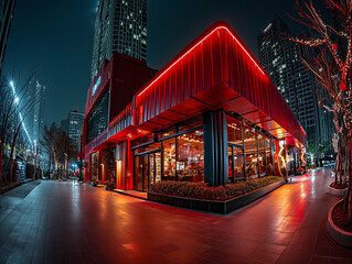 red building at night, new year, 2024, neon light