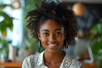 Empowering black women in business; Confident black women at office work with pretty smile.