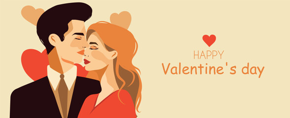 Vector banner postcard retro style couple in love girl and guy holiday Valentine's Day February 14th. Vector illustration with place for text in flat style bed palette