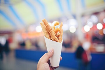 pretzels in a paper cone at a fair - obrazy, fototapety, plakaty
