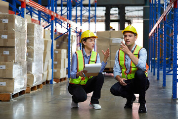 factory workers working and talking about work and project in the warehouse storage