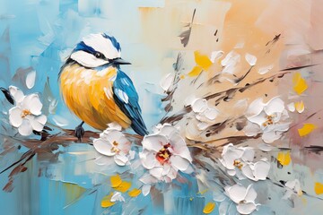 Abstract colorful oil, acrylic painting of bird and spring flower. Modern art paintings brush stroke on canvas. Illustration oil painting, animal and floral for background. © Ameer