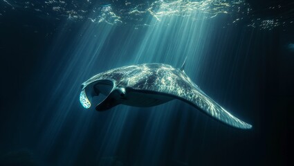 A manta ray swimming underwater in the ocean - obrazy, fototapety, plakaty