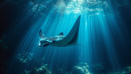 A manta ray swimming underwater in the ocean