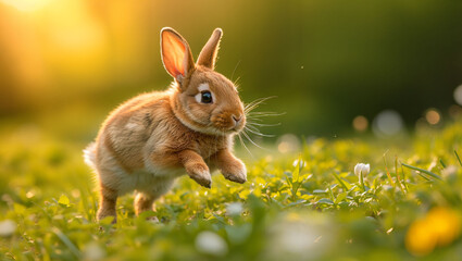 rabbit jumping in meadow