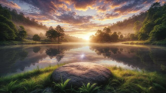 Meditation background by lakeside at sunset