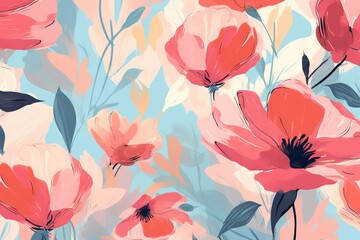Abstract hand drawn flower art seamless pattern illustration. Acrylic paint nature floral...