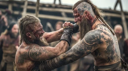 Foto op Canvas Viking Warrior's Epic Sparring Match: Mythological Norse Adventure in a Cinematic Medieval Battle Scene © Sascha