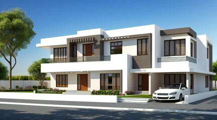 Fototapeta premium Modern luxury two-story residential house exterior with white and gray facade, large windows, green landscaping, and a white car parked in the driveway under a clear blue sky