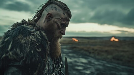 Defiant Viking Warrior: Epic Battle Scene Amidst Desolation and Fire