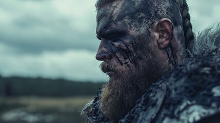 Epic Viking Warrior Defiantly Stands on Desolate Battlefield, Ready for Battle - A Cinematic Norse Mythology Scene of Historical Medieval Adventure