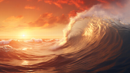 Beautiful sunrise over the sea and breaking ocean waves