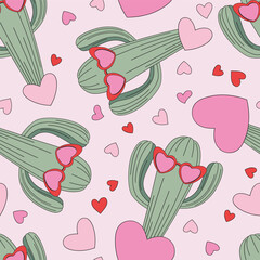 Howdy love cactus in heart shape shades with hands up vector seamless pattern. Saint Valentines Day romantic wild west background.