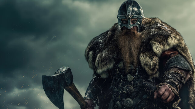 Epic Norse Viking Warrior Battle Scene: Mighty Axe-Wielding Warrior Conquering Stormy Skies
