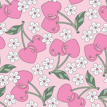 Pastel Pink aesthetic heart shape cherry love berry floral vector seamless pattern. Saint Valentines Day romantic love background.