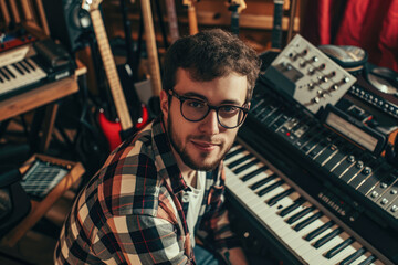 A charismatic musician, a man in his late 20s, surrounded by musical instruments in a recording studio.