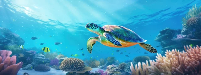 Poster a sea turtle in a beautiful blue ocean  with fishes, seaweed and corals. turquoise water color. background wallpaper © Ilmi