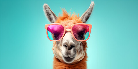 a stylish llama wearing sunglasses against a vibrant blue backdrop, Creative animal concept. a llama wearing sunglasses on a green background , digital art, faceted, generative AI