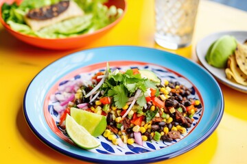 charred corn, black beans, avocado salad on a bright plate