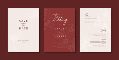 Simple and minimalist maroon burgundy wedding invitation template. trendy modern wedding invitation template