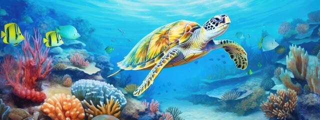 a sea turtle in a beautiful blue ocean  with fishes, seaweed and corals. turquoise water color. background wallpaper