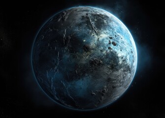 ฺBlue-toned exoplanet, with clouds and oceans, against a dark space background.