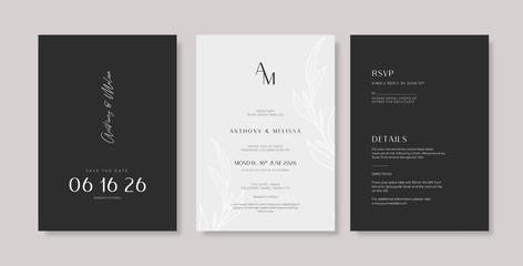 Elegant and minimalist black white wedding invitation. Simple engraved wedding card template