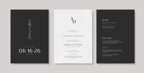 Fotobehang Elegant and minimalist black white wedding invitation. Simple engraved wedding card template © bacapola