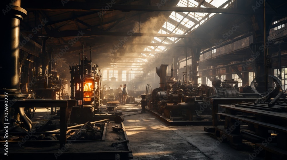 Poster an inside view of the factory in natural light. industry, production on a large scale in the city. e