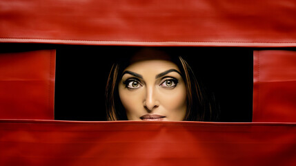 Playful Intrigue, A Radiant Woman Peeking Mischievously From Behind a Vibrant Red Curtain - obrazy, fototapety, plakaty